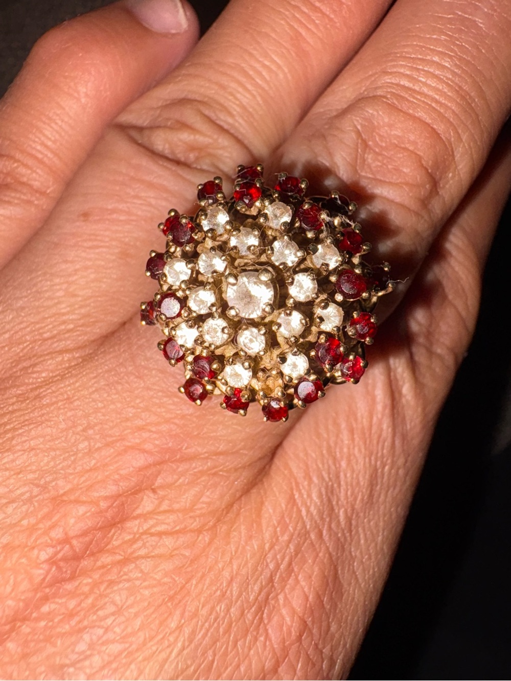Gold Cluster vintage Ring with Red and Clear diamonds 14k yellow gold size 9